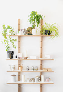 a-selection-of-candles-and-plants-on-wooden-shelves